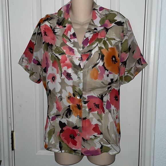 Alfred Dunner Vintage Floral Short Sleeve 80s Button Front Lined Blouse size 12 - Picture 10 of 10